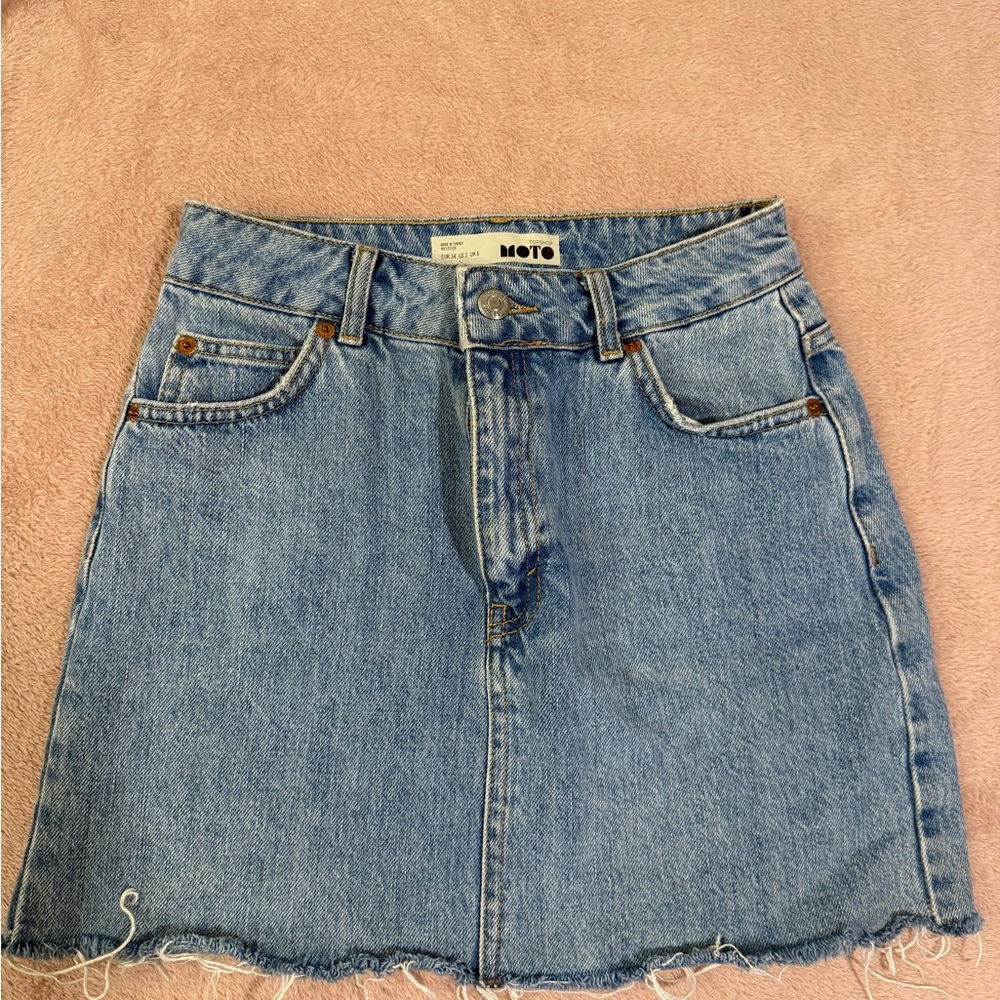 Topshop Moto Light Blue Distressed Denim Mini Skirt